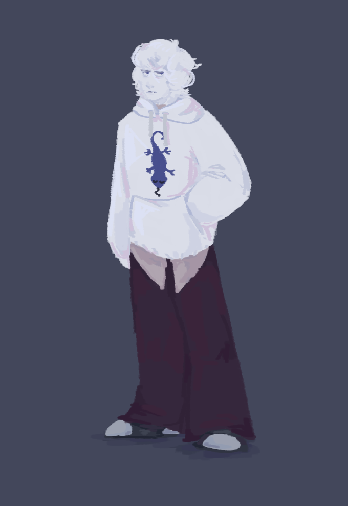 A white-haired homestuck fankid, Mica Anowyn, standing which a hand in his hoodie pocket