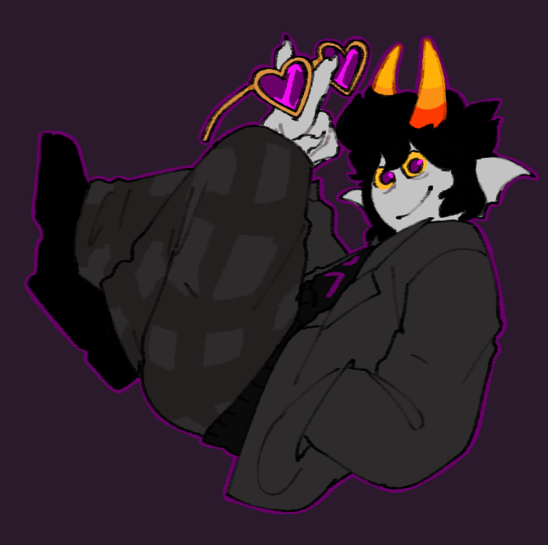 A violetblooded Homestuck fantroll curled up, smiling at the camera, and holding a pair of heart-shaped sunglasses