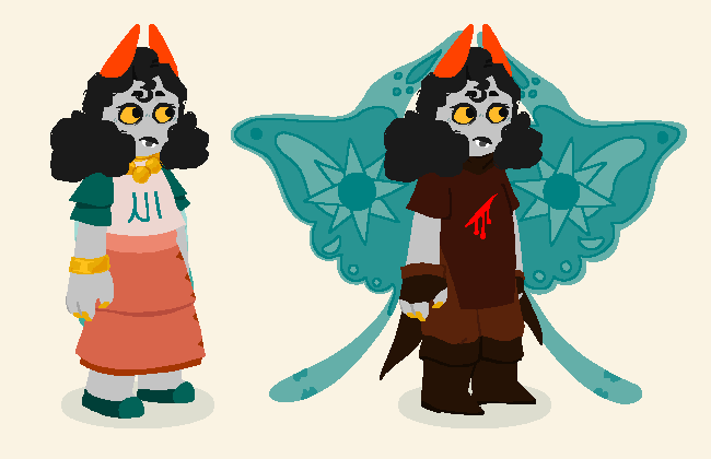 Two drawings of the tealblooded fantroll Eshana. The left is her in her normal outfit (a pink, white, and teal dress) and the second dressed as a Thief of Blood, with teal butterfly wings