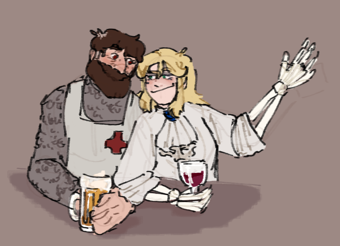 A blonde woman and bearded man chat and drink