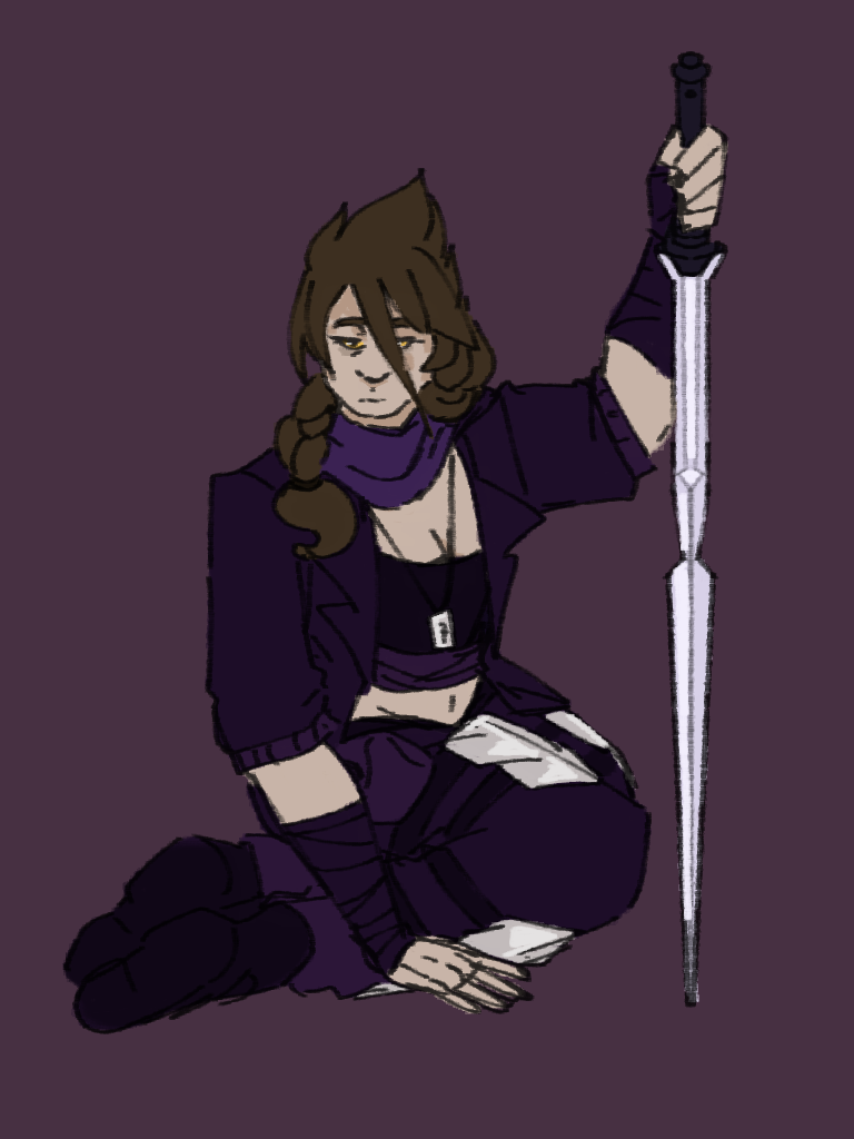 A person in purple kneeling, holding a sword and looking down