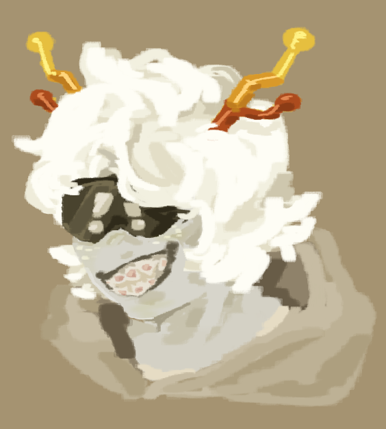 A white-haired Homestuck troll from the neck-up, smirking