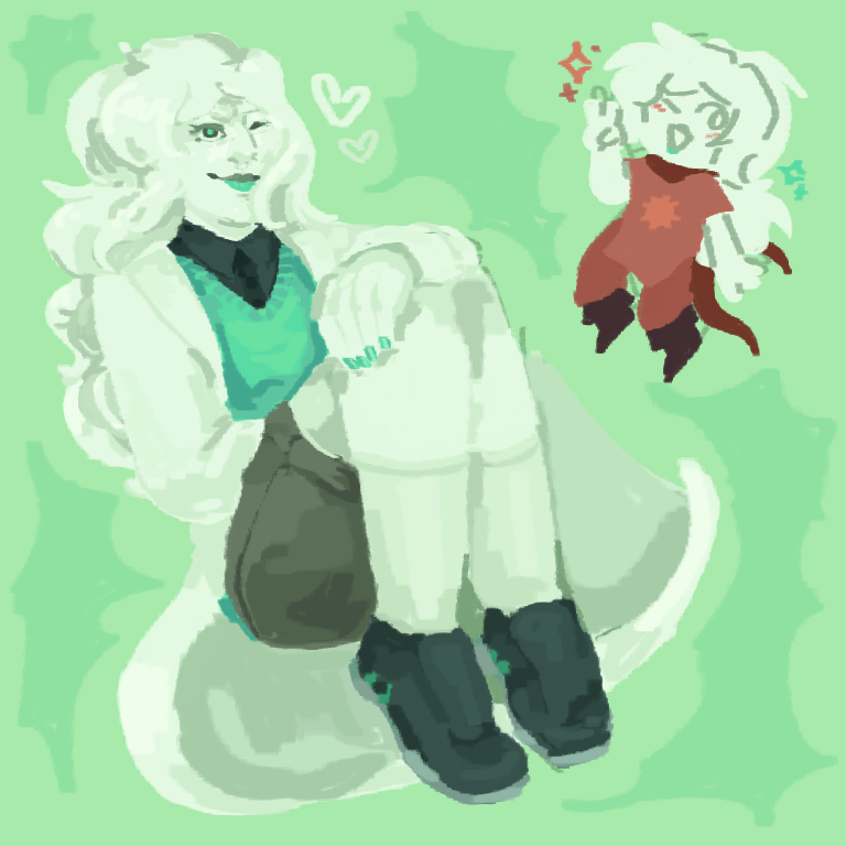 A white-haired Homestuck fankid, Rain Romero, sitting smiling. There's also a chibi version of her in the corner dressed as a Thief of Time.