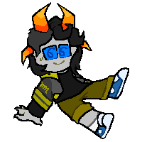 Chibi pixel sprite of a goldblooded Homestuck fantroll, Calrea Sirith