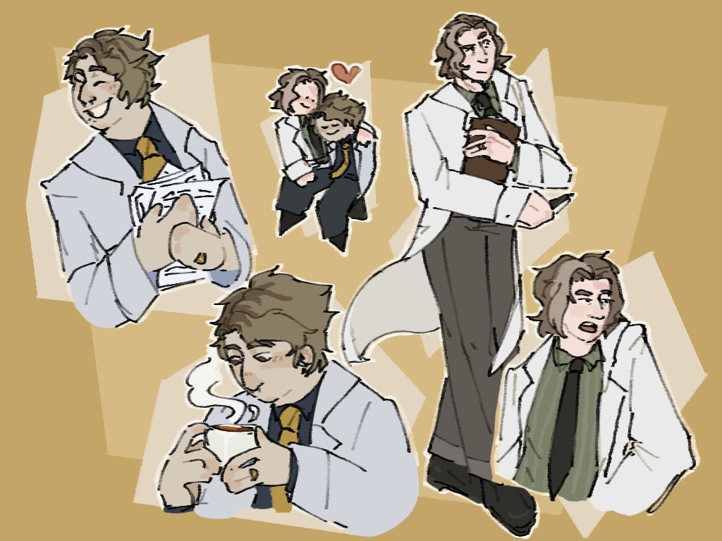 Several doodles of two scientists