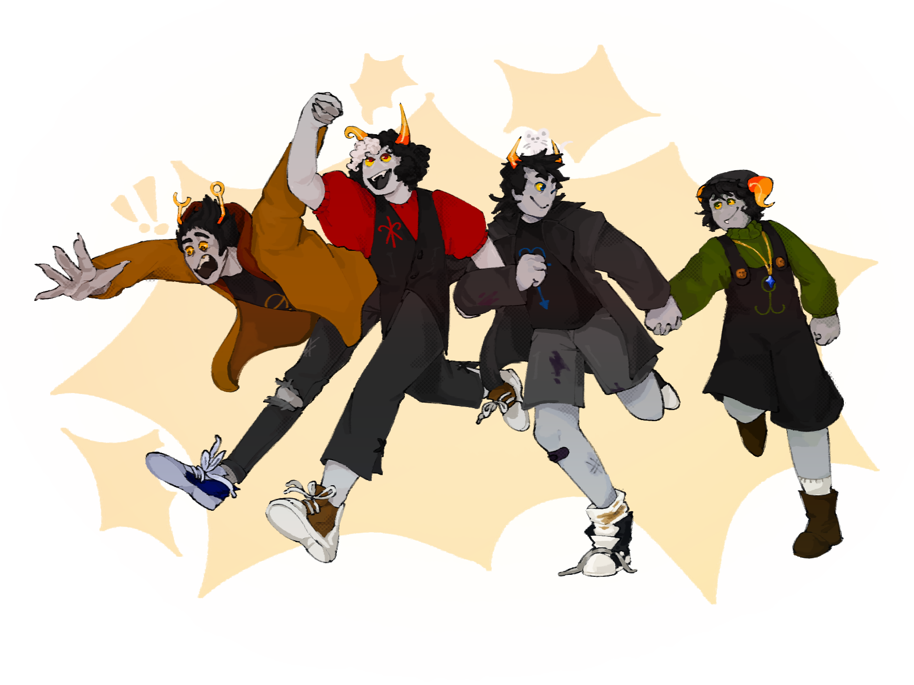 Four Homestuck fantrolls running, arms interlinked