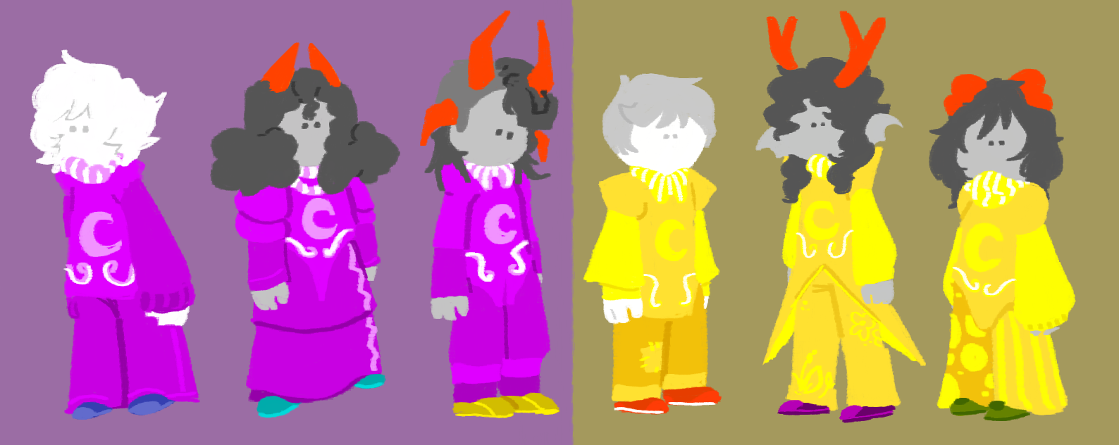 Four Homestuck fantrolls and two fankids in a row. Three are dressed in Dersite pyjamas, three in Prospitian.