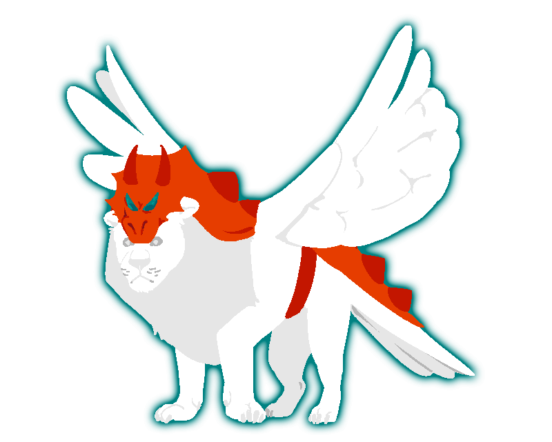 Pixel art lion-dove lusus wearing a red dragon hood