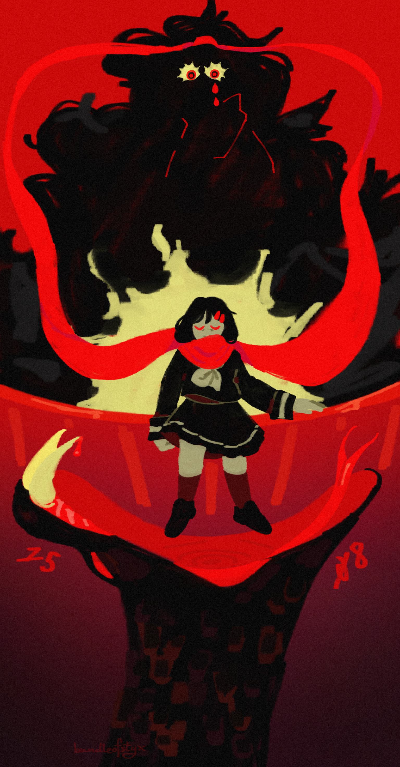 Ayano Tateyama standing, railings behind her. Also behind her is the silhouette of Azami Kozakura, and below her is the Snake of Clearing eyes attacking.