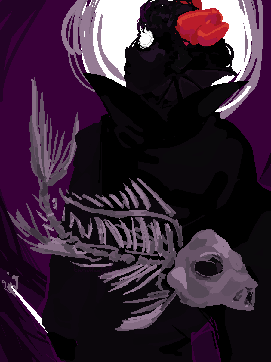 Eridan Ampora silhouetted against a violet background, with a fish skeleton in the foreground. His eyes are glowing white and he is holding his wand.