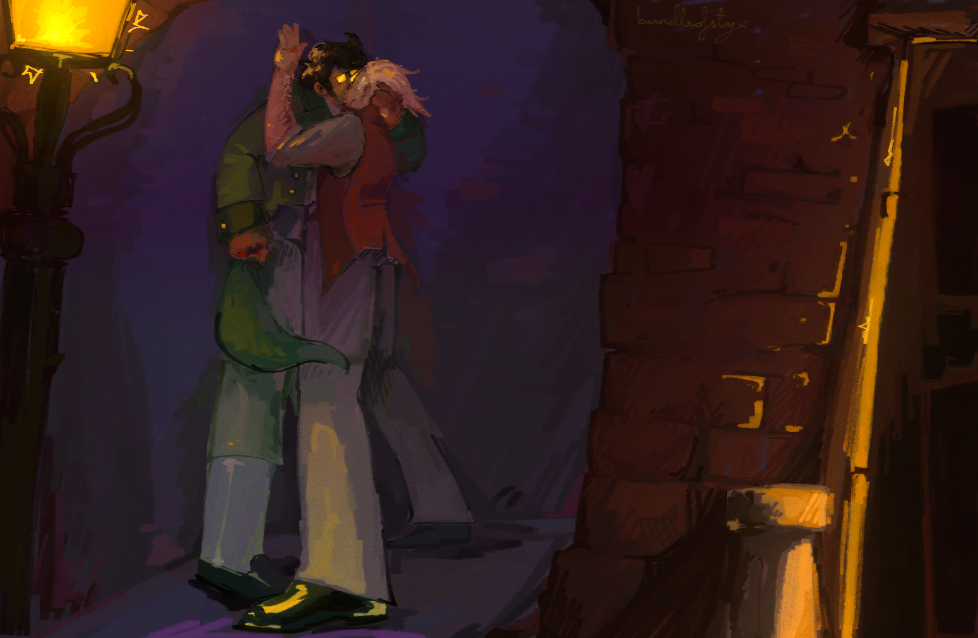 Dirk Strider and Jake English kissing in an alleyway at night, Dirk pinning Jake to the wall. They are dressed in regency-era attire. Dirk bleeds from the nose, and Jake's knuckles are bloody. The scene is warmly lit, and painted in a vibrant, impressionistic style.