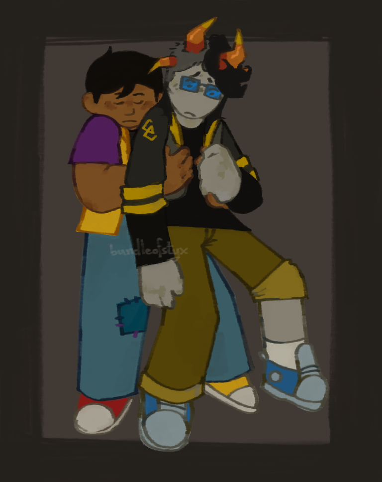 A person hugging a sad-looking Homestuck troll from behind. The person has brown skin, short black hair, and is wearing a yellow jacket, teal jeans, and mismatched red and yellow converse. The troll is a goldblood. She has half-shaved, shoulder-length hair, one large set of horns which stick up and another, smaller pair to the side. She wears blue glasses, a long-sleeved black shirt, a grey and yellow jacket with the sleeves rolled up, yellow trousers (with the left leg rolled up), and blue converse.