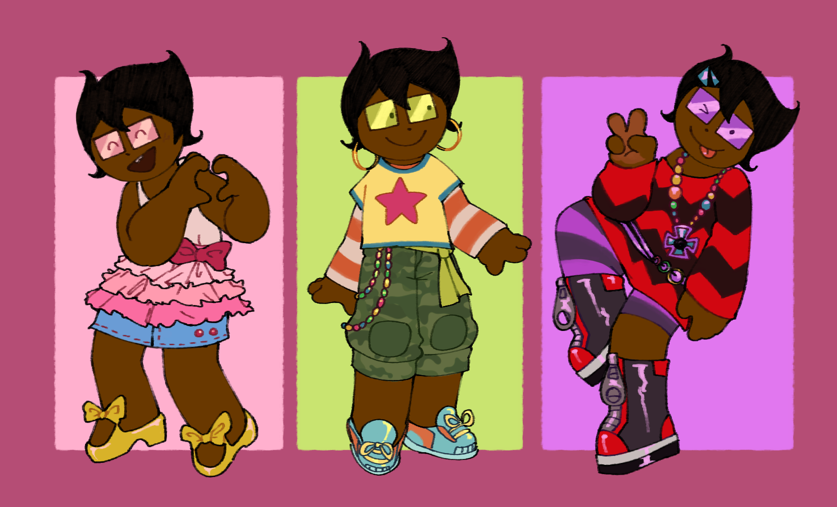 Jake English dressed as the mascots of Girlsgogames (from left to right, Gwen, Grace, and Gabriella.)
The first outfit is a short, frilly, pink dress with a bow around the waist; a short denim skirt with pink stitching; and yellow heels with bows on them. Jake makes a heart with his hands.
The second outfit is a yellow t-shirt with a pink star design, worn over a long-sleeved, stripey orange-and-white shirt; camo cargo pants; blue and orange trainers; and big, golden hoop earrings.
The third is a long, off-the-shoulder sweater with red and black zigzag stripes; a big, colourful necklace with a stylised cross, as well as a triangular, blue hairpin; two thin, purple belts; asymmetric, stripey, purple tights; and knee-high plaform boots with red details. Jake does a peace sign and sticks his tongue out.