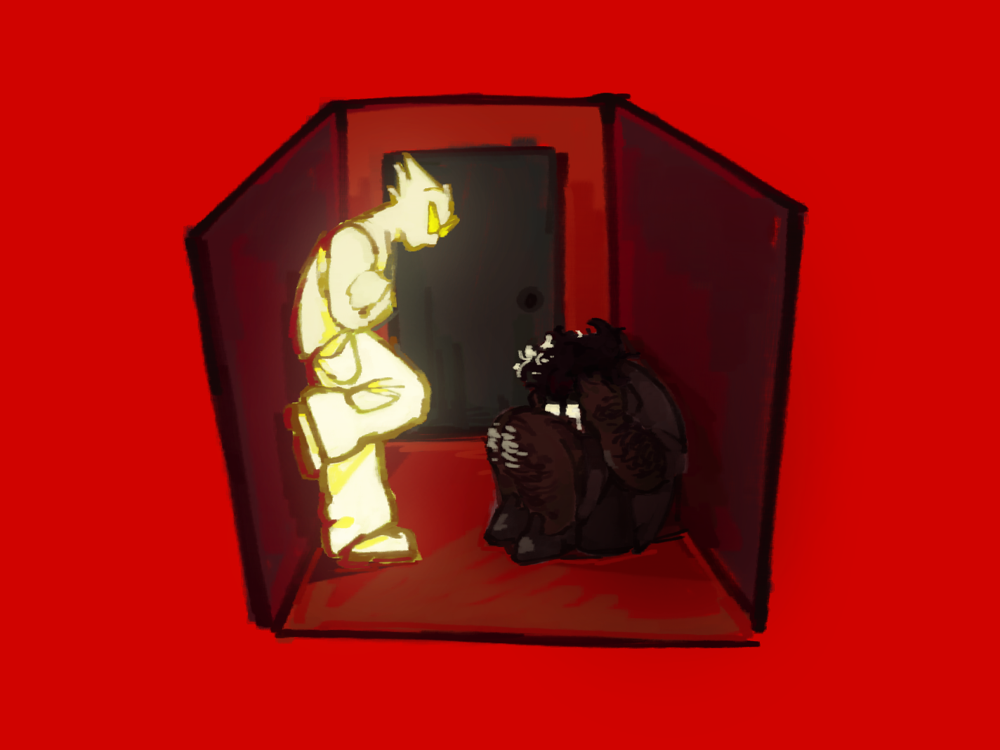 Jake English and Brain Ghost Dirk in a red cube (a simplified supply closet) with a grey door between them. The supply closet cube is on a bright red background. Jake is crumpled on the floor, crying and clutching his head. BDG leans on the opposite wall and looks at him.