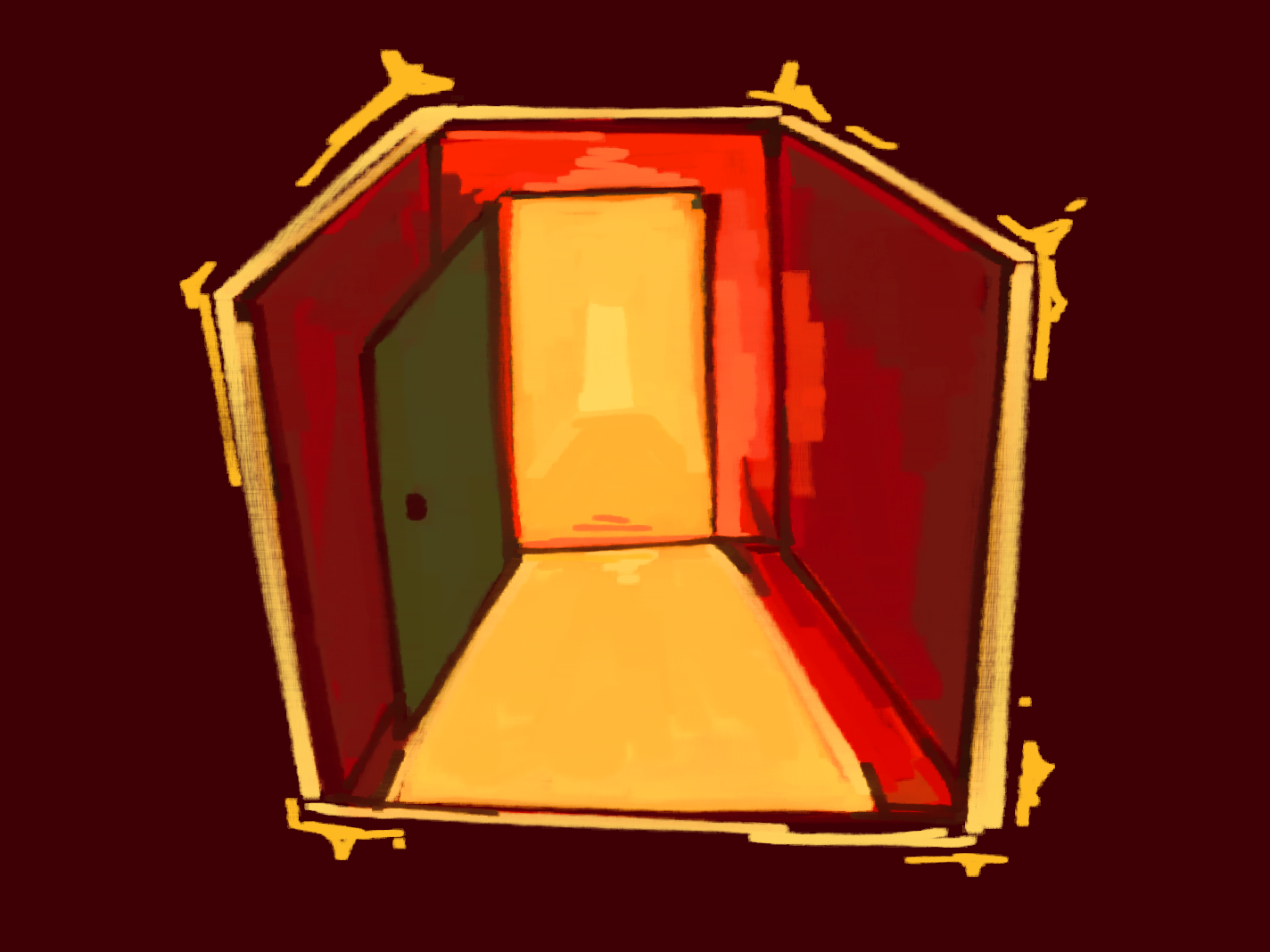 The same supply closet-cube, but with Jake and BGD gone and the door open. Behind the door is a bright yellow hallway, streaming yellow light into the room. The background is a darker red.