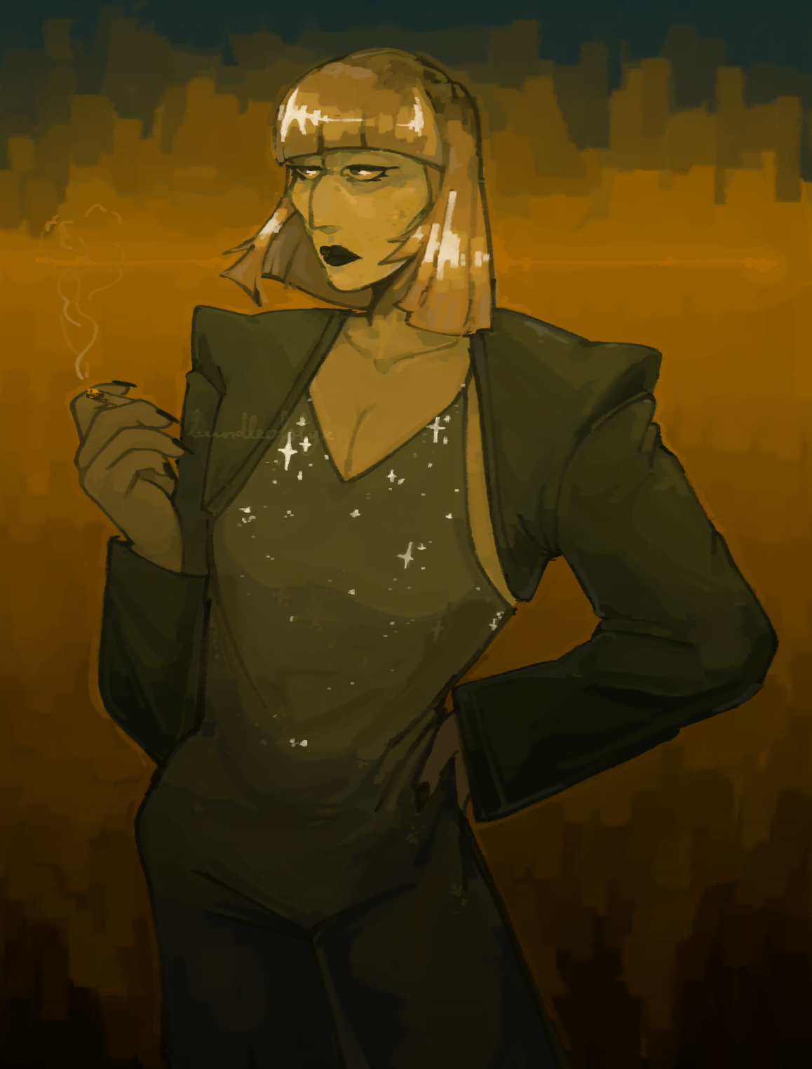 Klaasje Amandou looking tiredly into the distance with a cigarette in her hand, and her other hand on her hip. The background is orange around her face, fading to dark blue at the top and black at the botton of the canvas. Klaasje herself is painted only in orange and grey-green.