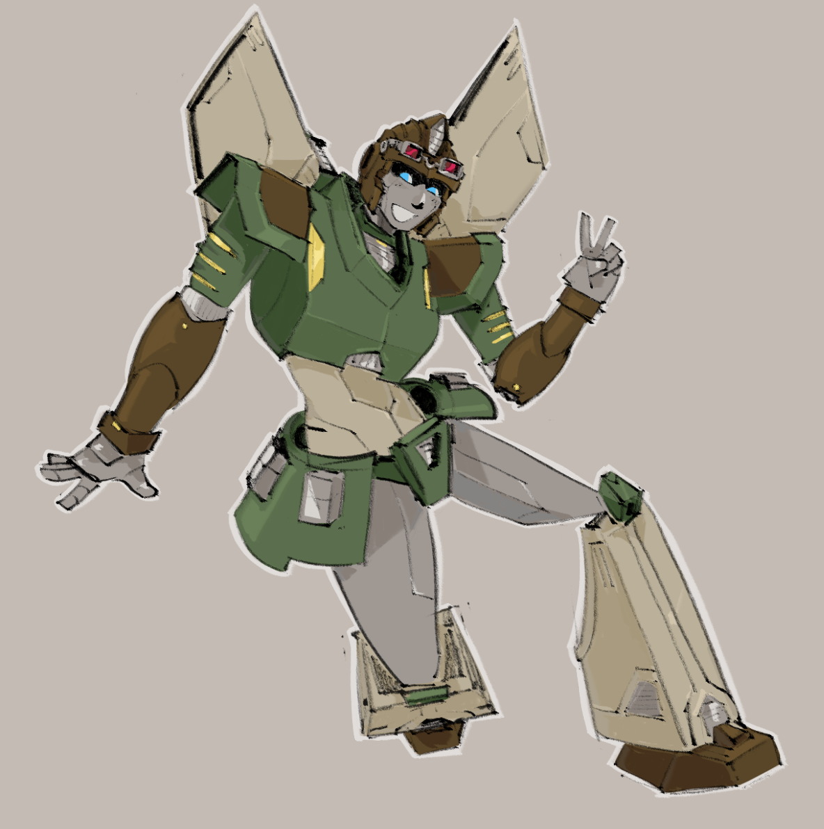 Anode (from Transformers) floating on a grey background, smiling and doing a peace sign