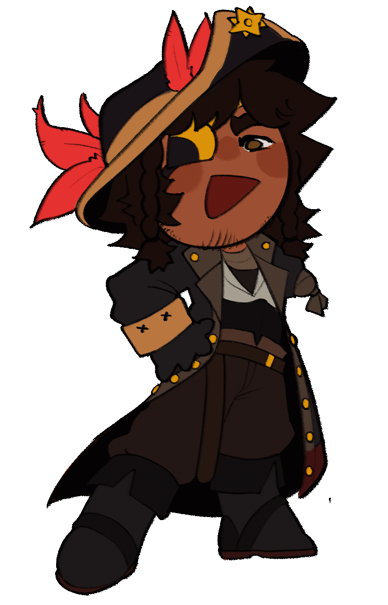 A short animation loop of a pirate tapping his foot. His arm is on his hip and he is smiling.