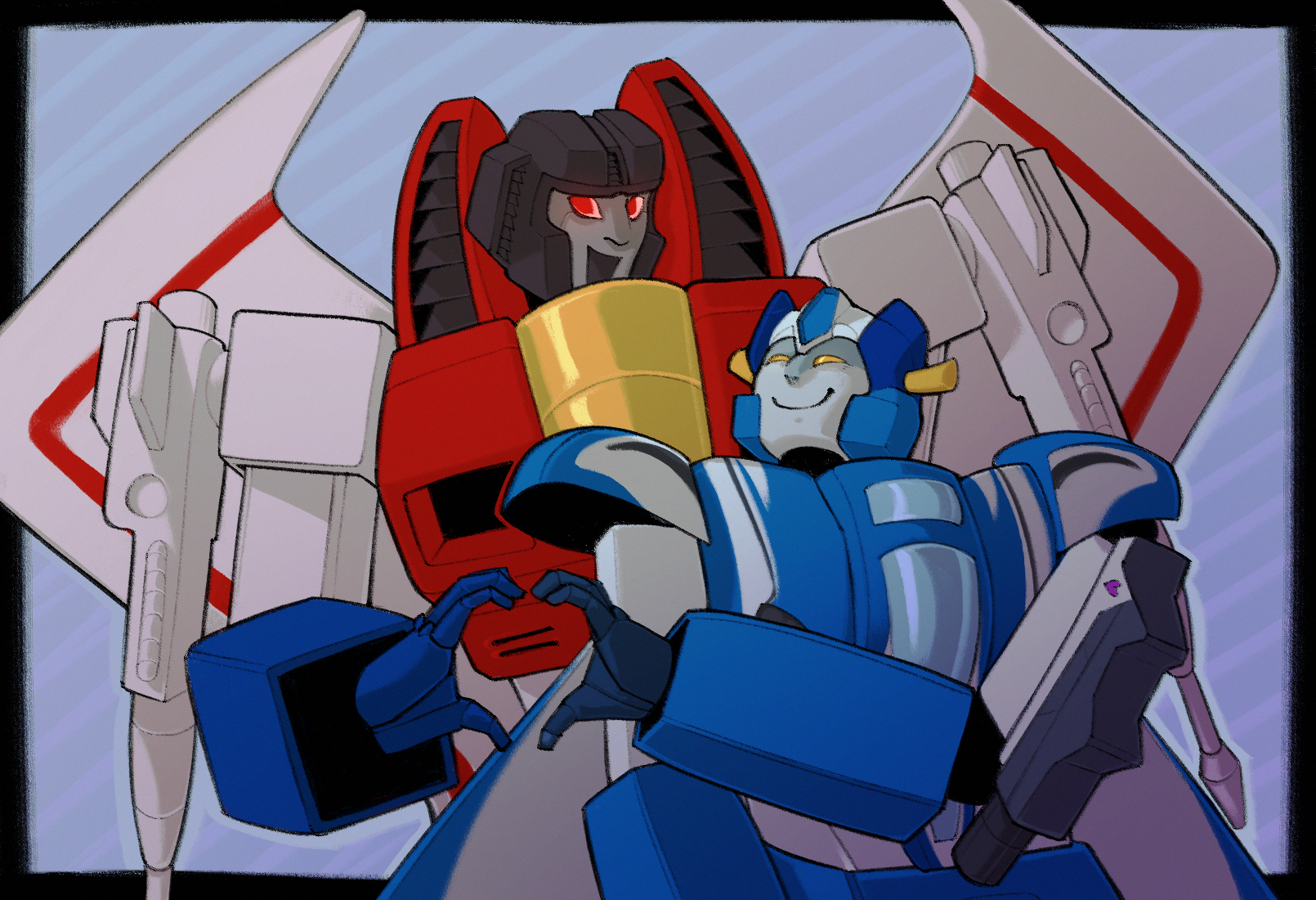 Starscream and a smaller, blue and white transformer looking at each other and making heart hands.
