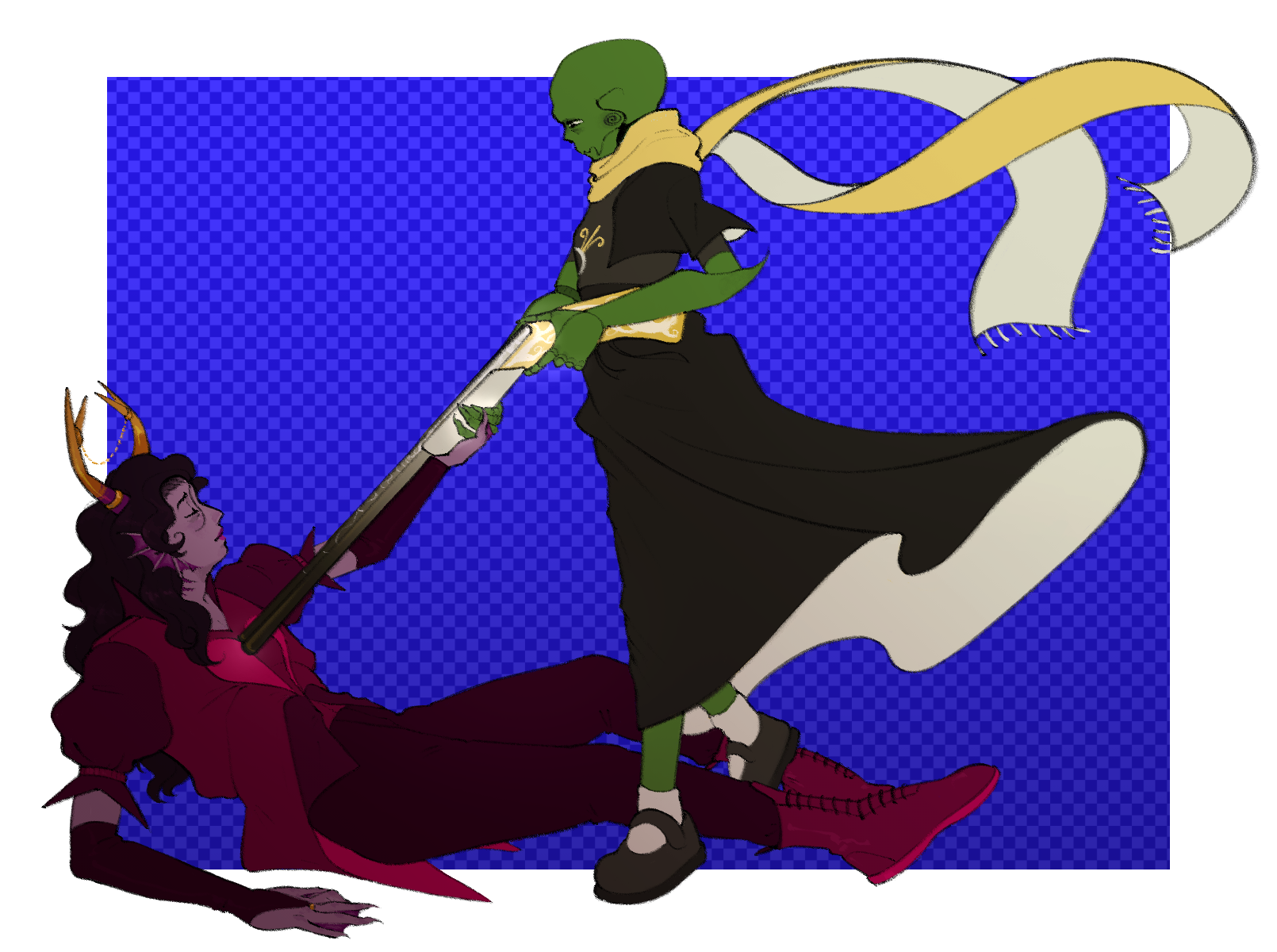 Phirom (a violetblooded troll with long hair, wearing an elaborate, fuschia outfit with the heart aspect symbol on his chest) sits on the ground, leaning backwards, with his eyes closed serenely. Amalaric (a cherub wearing a pale yellow scarf and long black dress, both billowing in the wind) stands above him, holding a shotgun to his chest. The background is a dark blue checkered pattern.