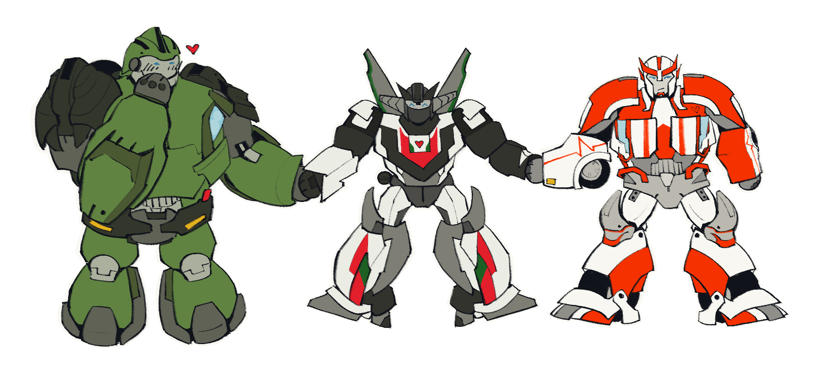 Wheeljack holding hands with Ratchet and Bulkhead. Bulkhead is blushing and covering his face.