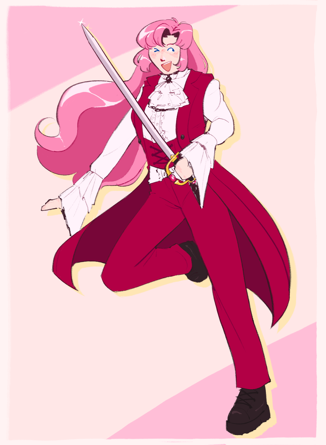 Utena Tenjou wearing a long burgundy waistcoat, matching trousers, and a frilly white blouse witha jabot. She is smiling, winking, and holding her sword