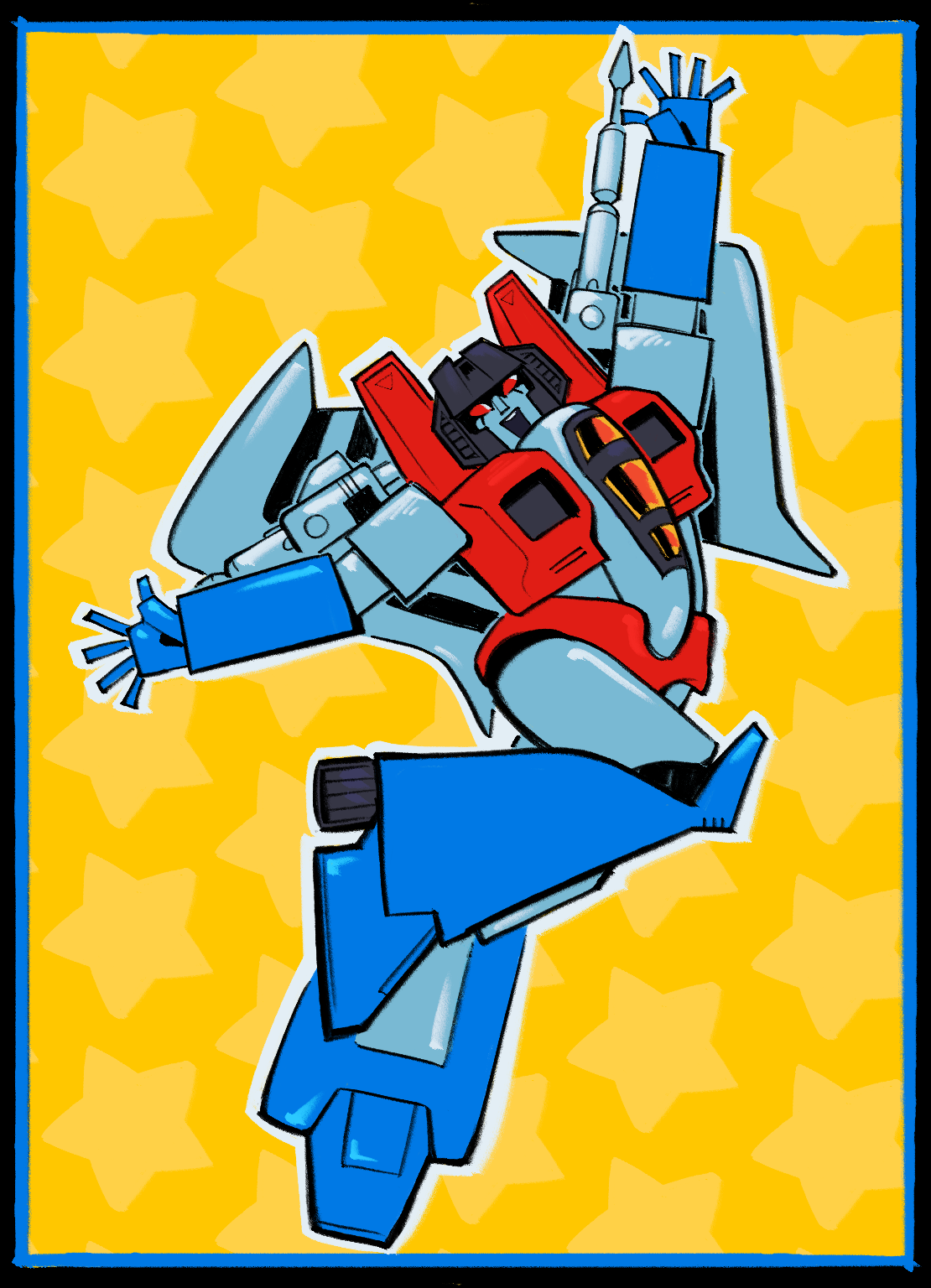 Starscream smiling wide with his arms out. He floats on a yellow background with a faint star pattern.
