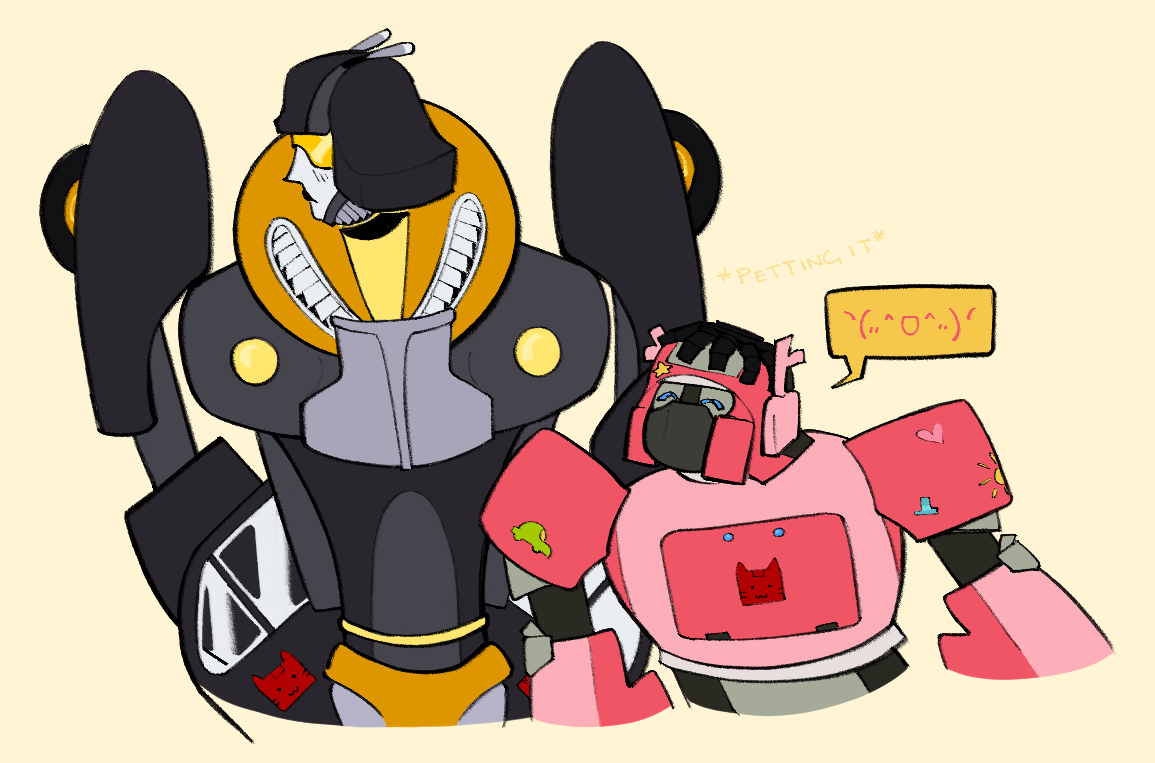 Flicker (tall black and yellow robot) petting Dualscan (small pink robot.) Dualscan looks excited and Flicker looks flustered.