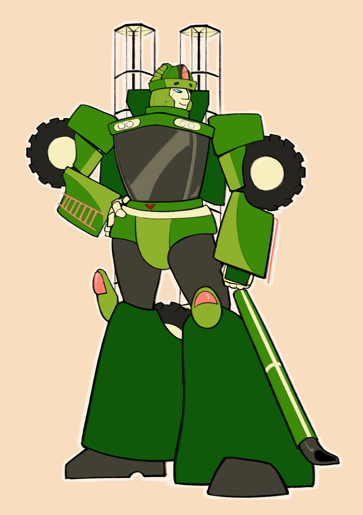 Swathe (a green transformer who turns into a combine harvester) standing on a light pink background.