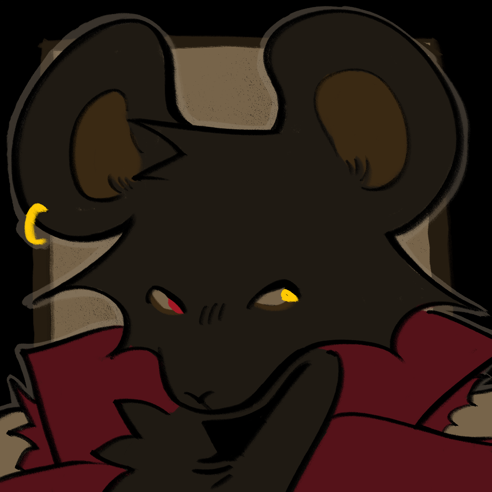 A headshot of Myszek, a brown mouse furry with red and yellow eyes