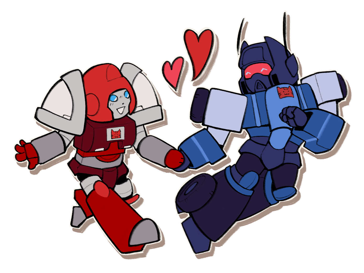 Quark (a red and grey robot) and Rev-Tone (a blue robot with a faceplate and visor) holding hands