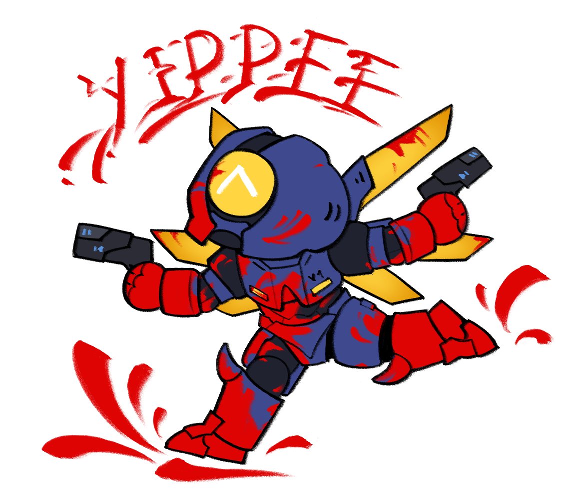 V1 skipping happily, covered in blood. Above it is written 'YIPPEE', also in blood