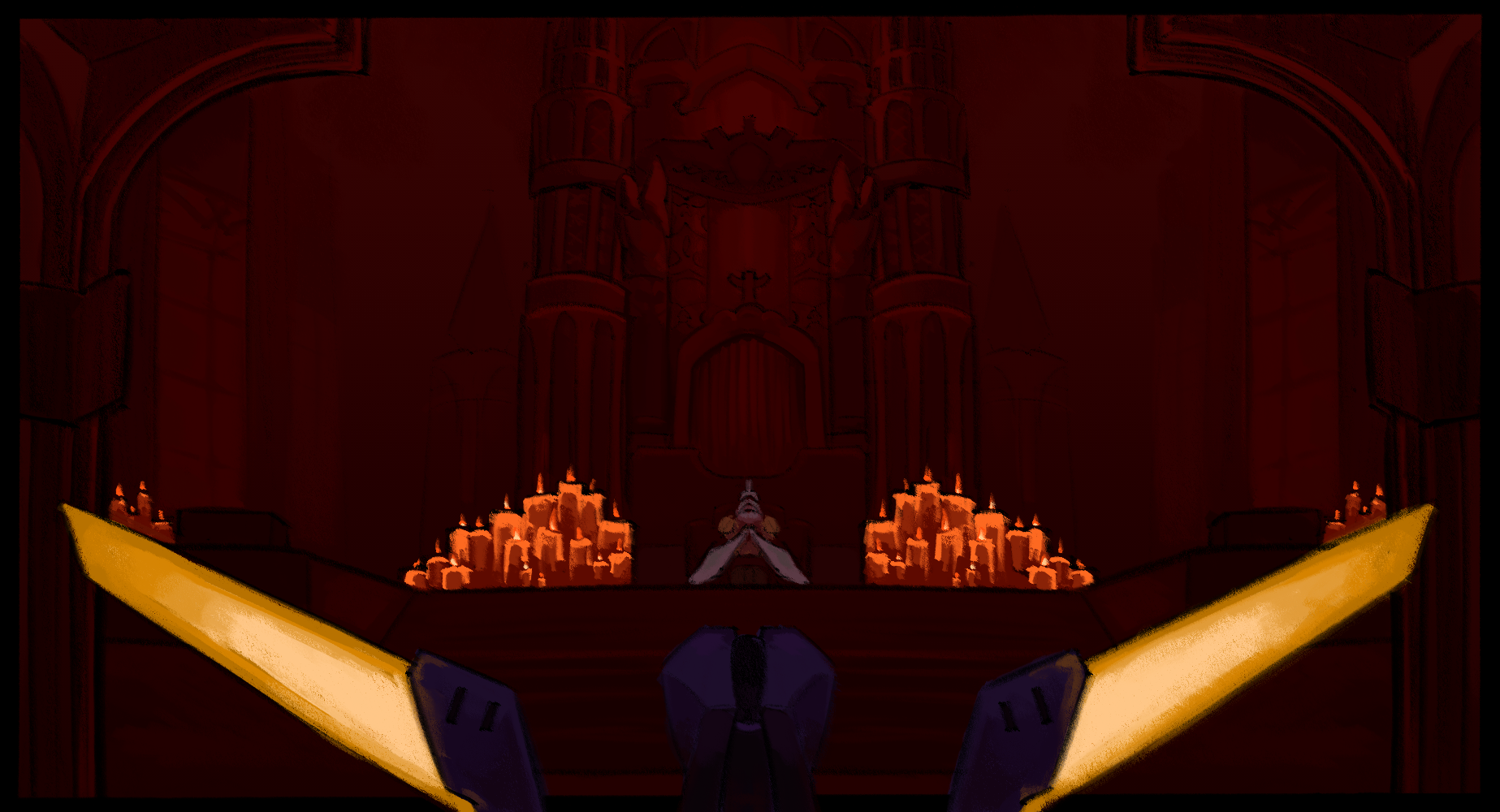 Gabriel sitting at the massive organ from 6-2. V1 stands in the foreground looking at him.