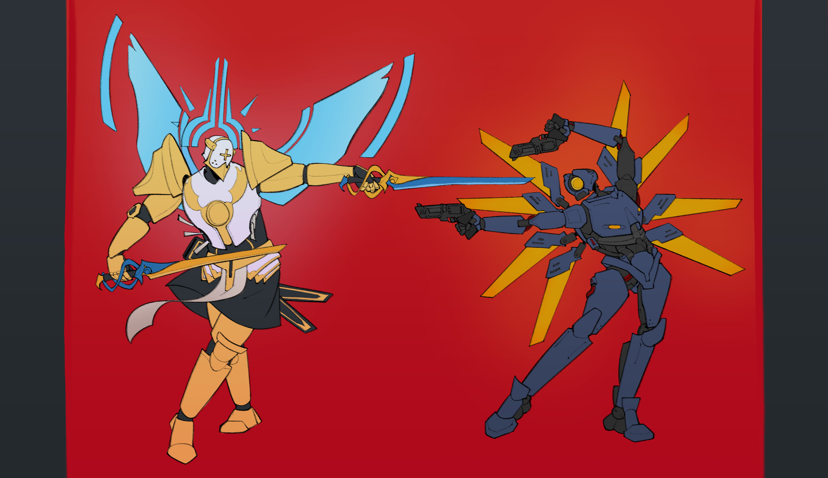 Gabriel and V1 in a pose somewhere between fighting and dancing. Gabriel points his swords at V1, and V1 points two revolvers back at him.