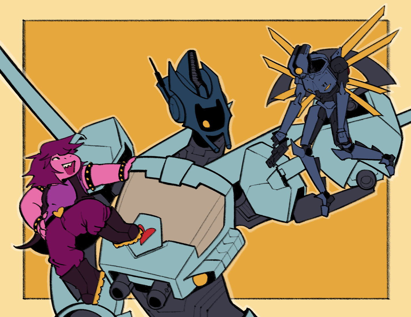 Whirl from Transformers MTMTE hanging out with Susie from Deltarune, who leans off the side of his cockpit, and V1 from Ultrakill, who he is holding up by the scruff of its neck.