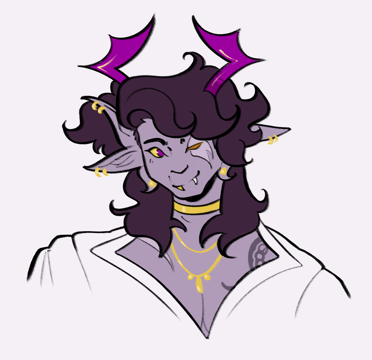 A headshot of Caspio, a violetblooded Homestuck troll wearing lots of jewellery.