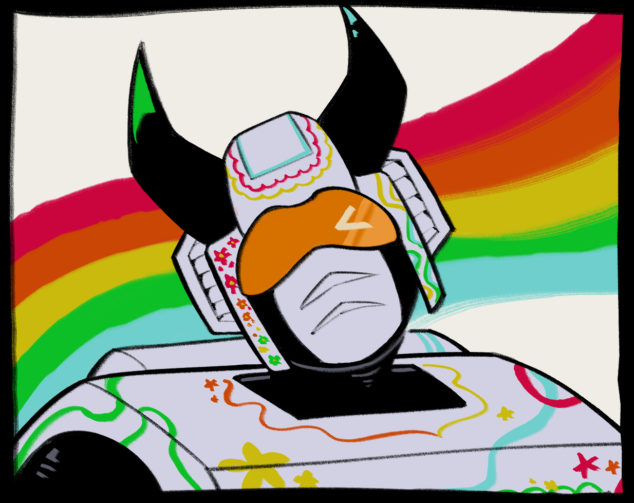 A headshot of Trance, a white and black transformer covered in colourful patterns. The background is a rainbow.