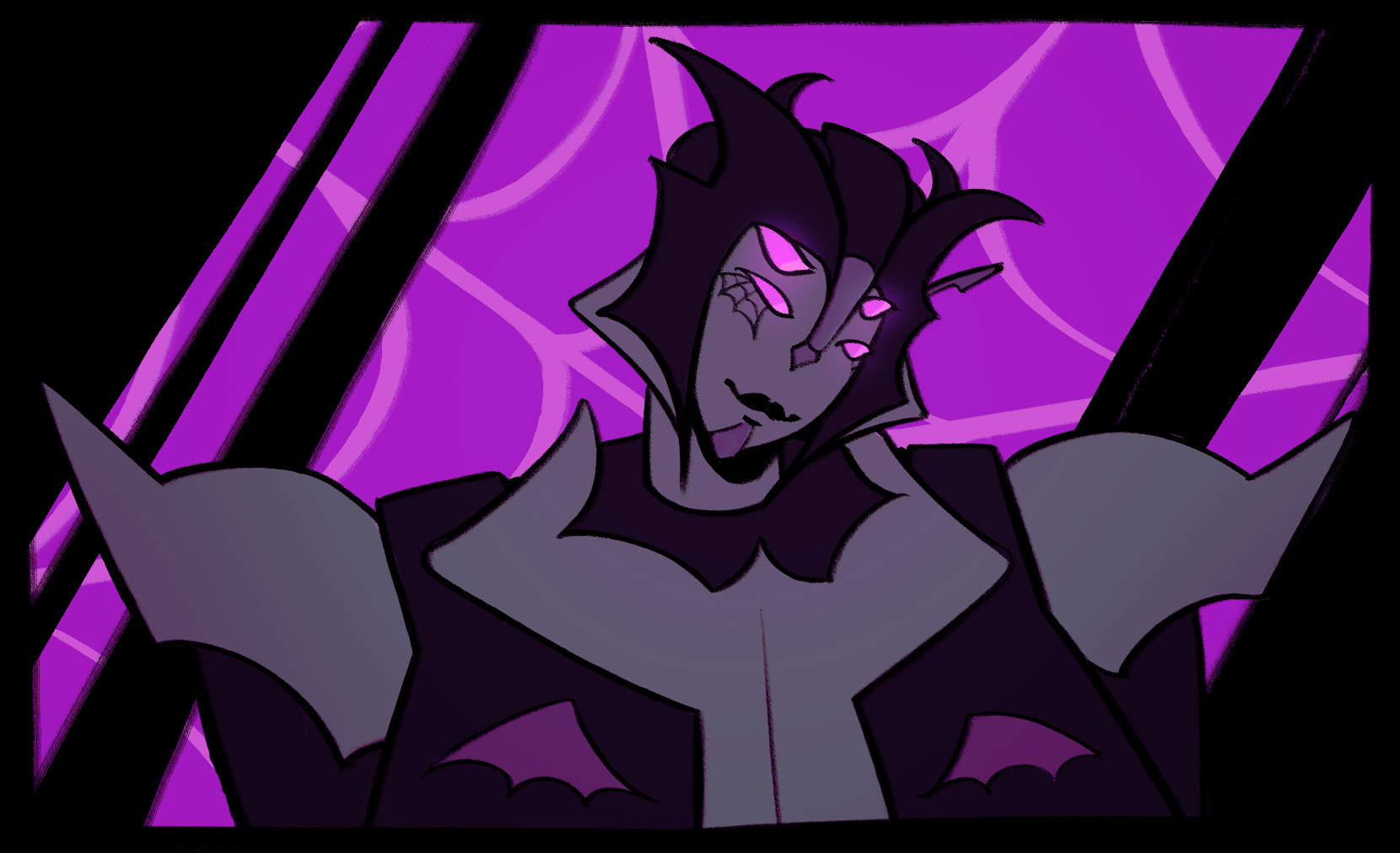 A headshot of Casanova, a black and grey transformer with purple accents and four eyes, smirking at the viewer. The background is a web pattern.