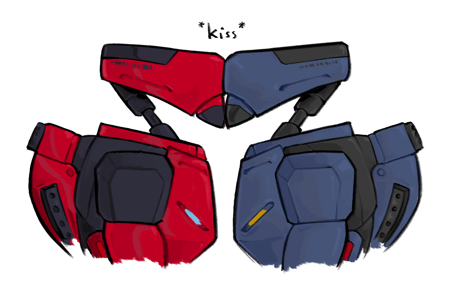 V1 and V2 shoving their faces against each other. Above them is written '*kiss*'