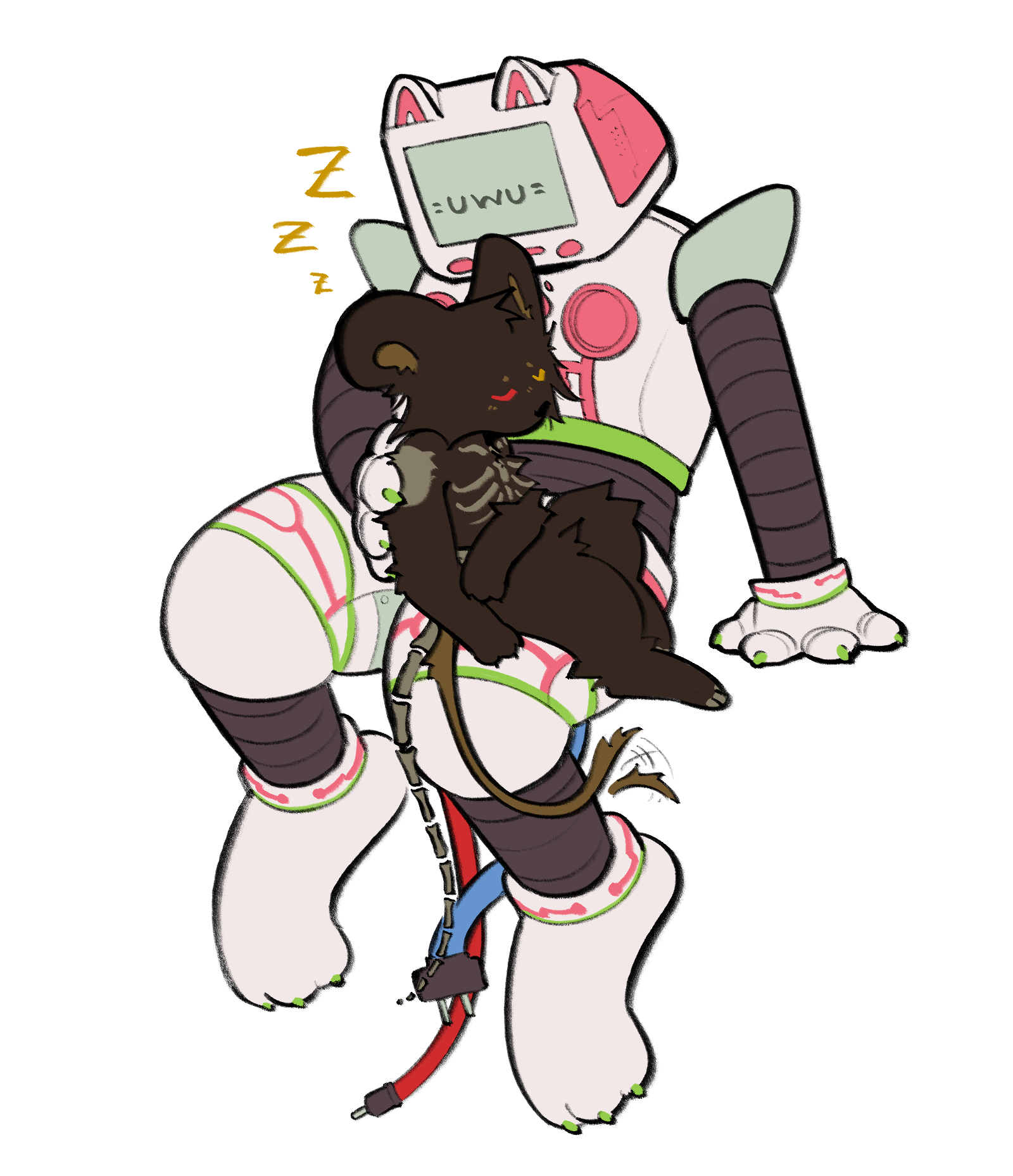 Myszek (a small, dark brown anthro mouse with skeletal markings) sleeping on the lap of HTTPS (a big robot anthro cat with an iMac G3 for a head.)