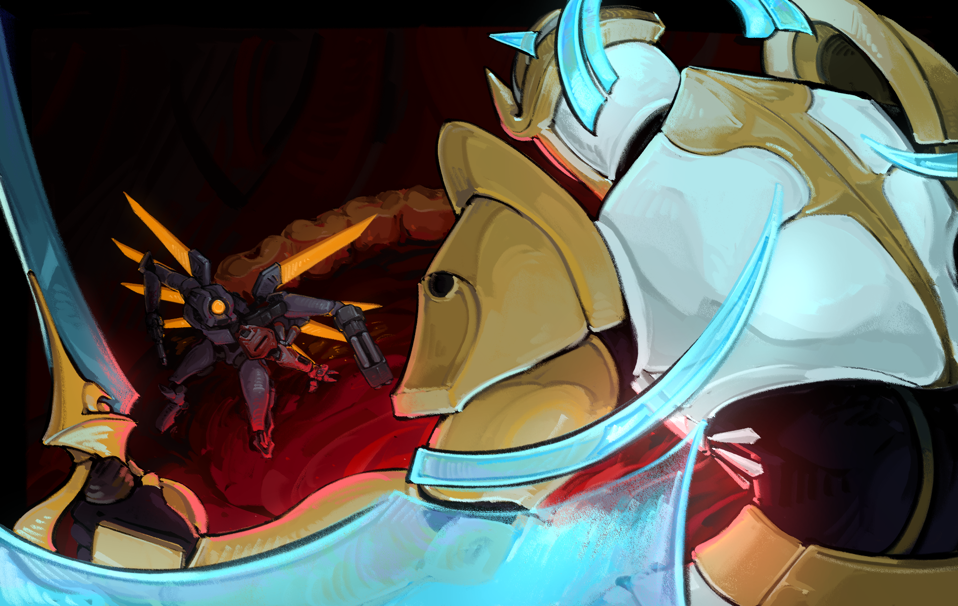 Gabriel and V1 fighting in the 3-2 arena. Gabriel floats above V1 with his back to the viewer. His sword and wings frame V1, who is crouched on the ground looking up at him. It's wielding its pistol and railgun.