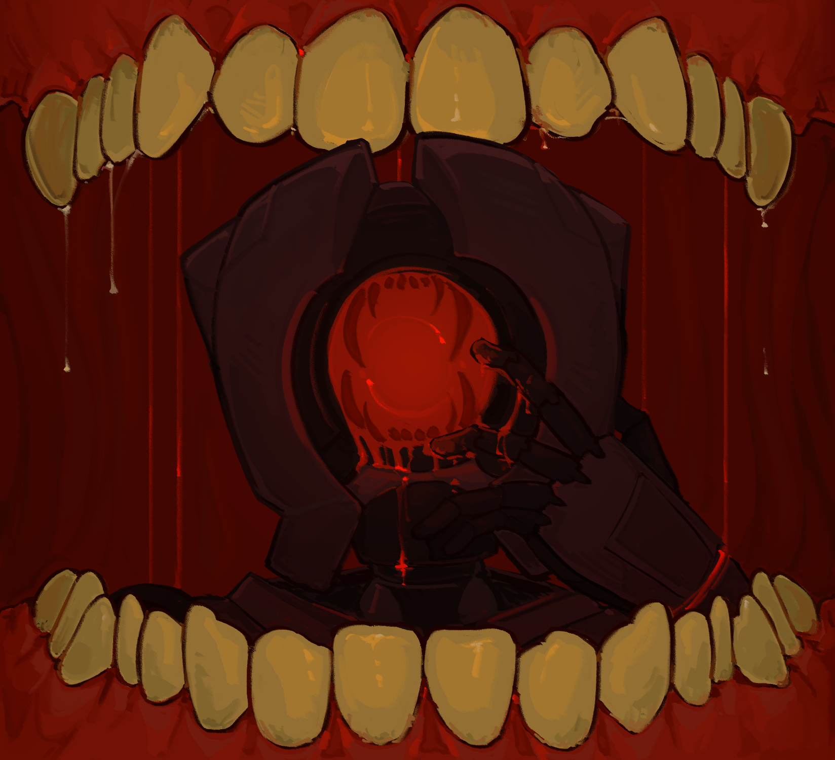 A painting of V1 with its optic, which it touches with its hand, red and bleeding. There are sharp teeth reflected in its optic. V1 is framed between a set of human teeth.