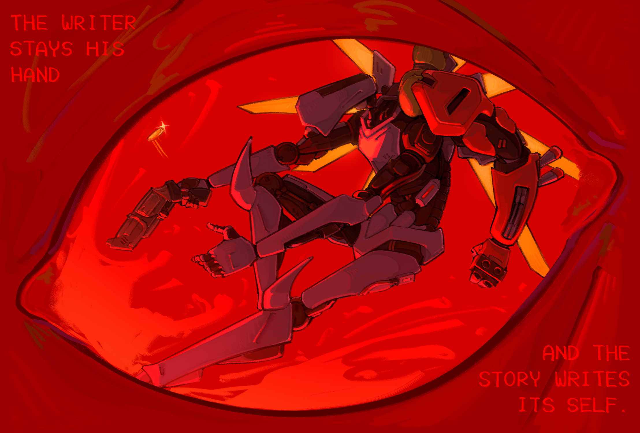 A digital painting of V1 framed in a red eye. It flies backwards, away from a splash of blood. In one hand it holds a pistol, while it flicks a coin with the other. Red text in the top left and bottom right corners of the painting reads: The writer stays his hand and the story writes its self.