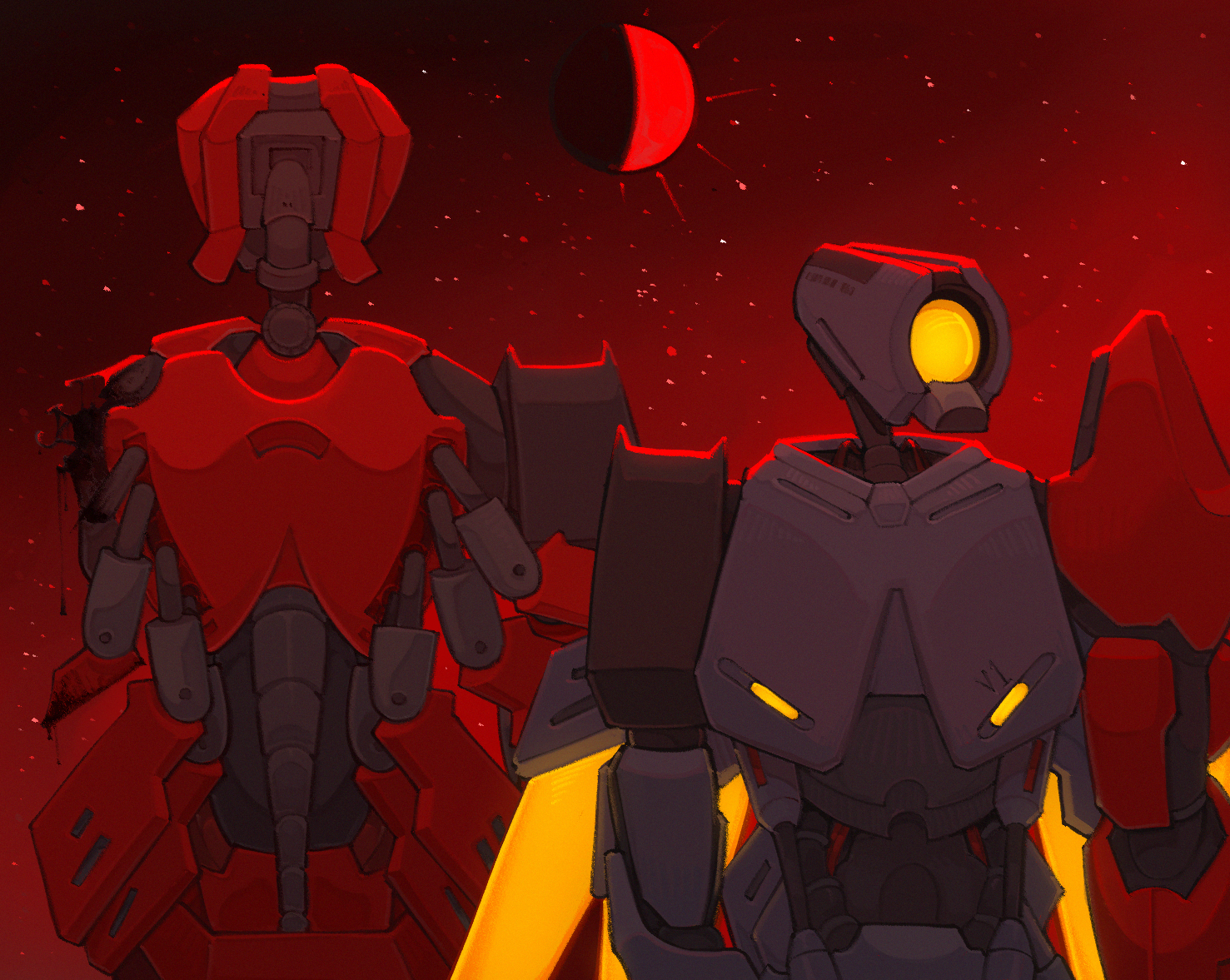 V2 and V1 standing next to each other against a starry, red sky under a red half moon. V2 faces away from the viewer and is missing one arm and two wings.