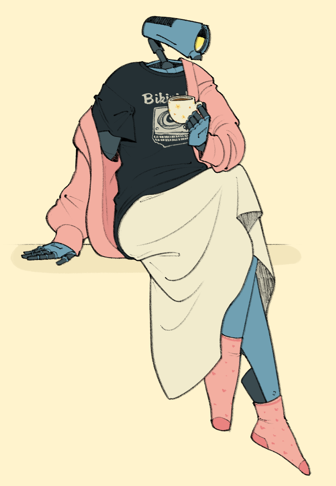 Mirage Ultrakill sitting, holding a cup of tea. She's wearing a black Bikini Kill t-shirt, a pink cardigan, a long white skirt, and pink socks.