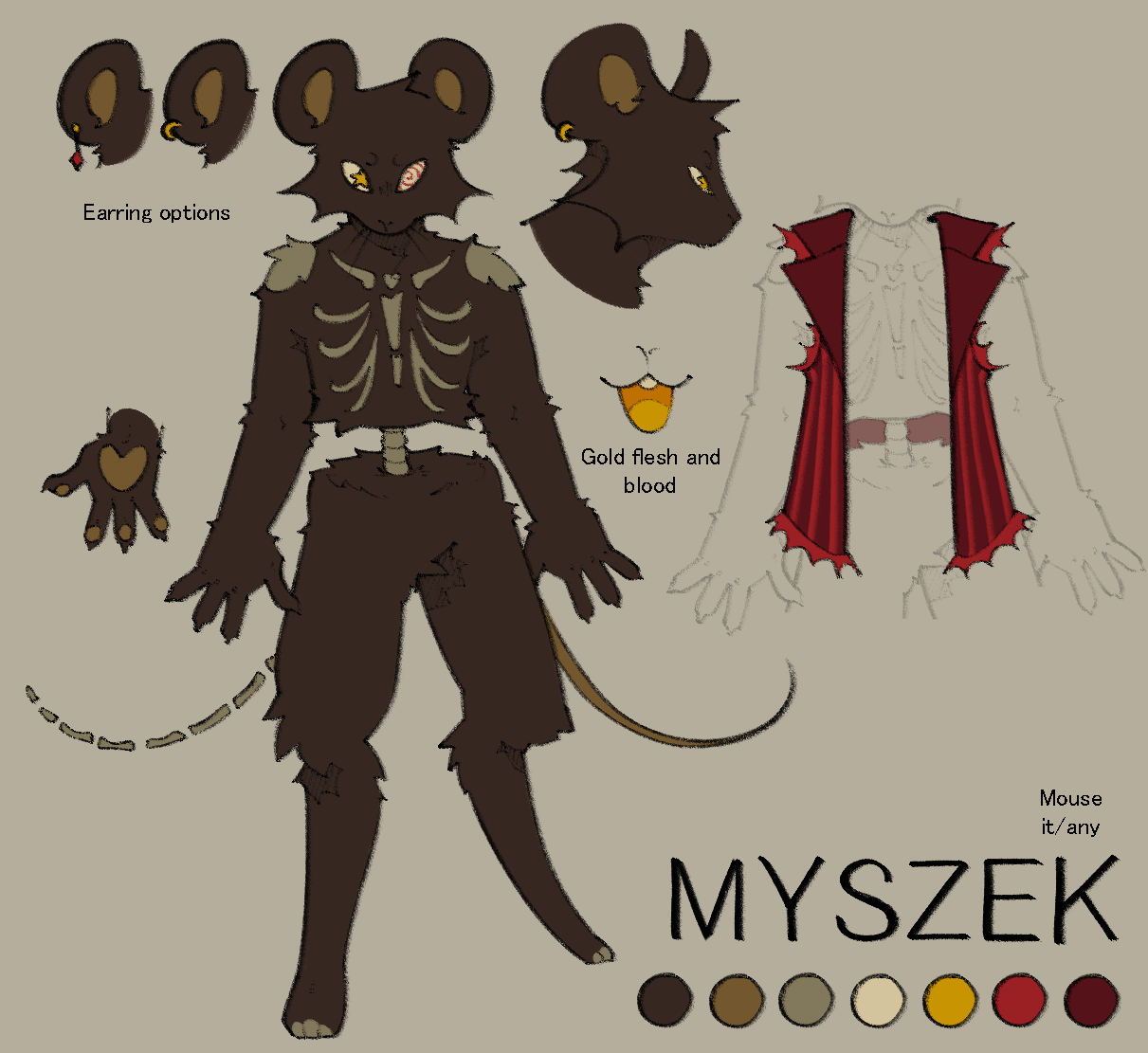 A reference sheet of Myszek, a dark brown anthro mouse with skeletal markings and an exposed spine.