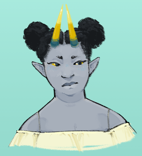 Eshana, a tealblooded Homestuck troll, painted from the shoulders-up.