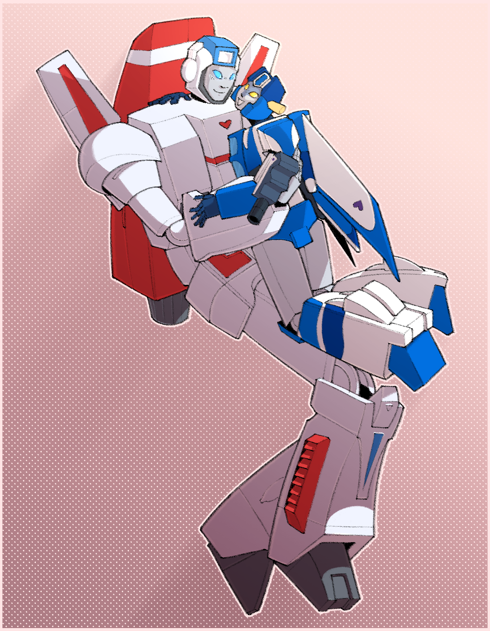 Jetfire holding up and hugging Atmos, a much smaller blue and white transformer.