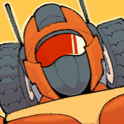 Knickknack, an orange robot, drawn from the shoulders up, tilting her head at the viewer.