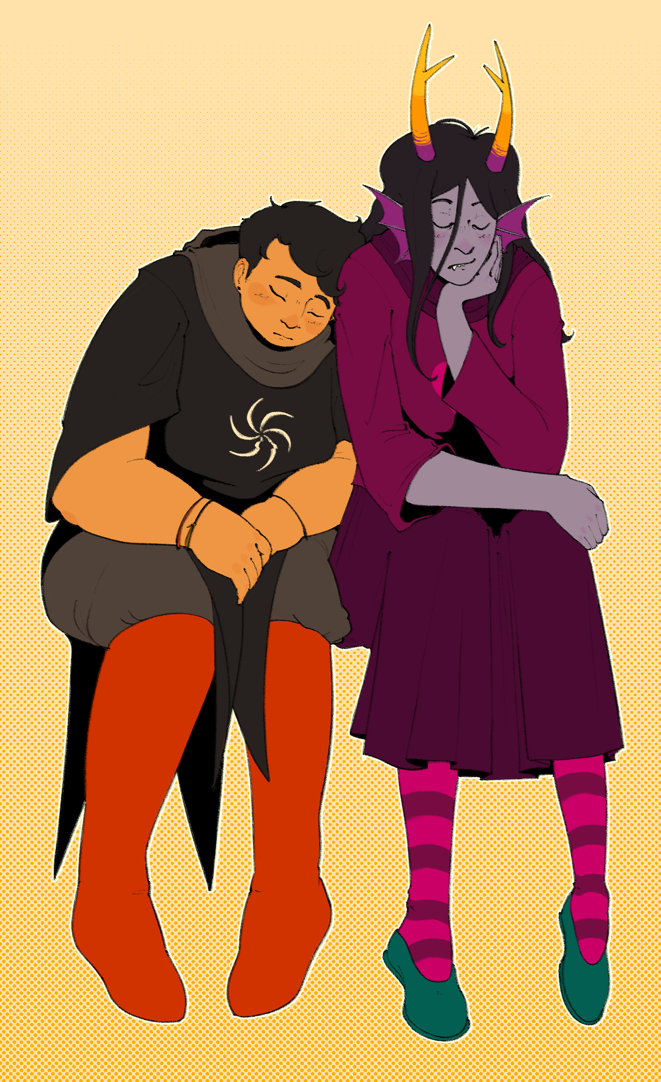 Lucero Hauck, a fat, brown-skinned person with short black hair, and Phirom Vaarin, a violetblooded Homestuck troll, sitting down asleep, leaning on each other. They are dressed in a Mage of Space and With of Heart godtier outfits respectively.